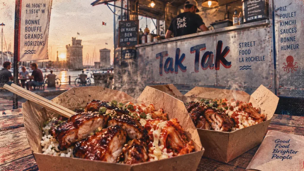 Tak Tak street food à La Rochelle, boîtes repas fumantes riz, poulet, kimchi