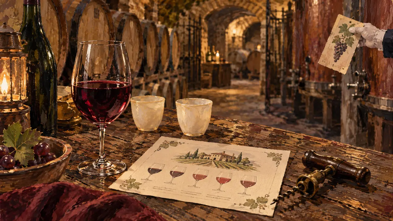 Week end oenologie : dégustation en cave, verre de vin rouge et carte de dégustation