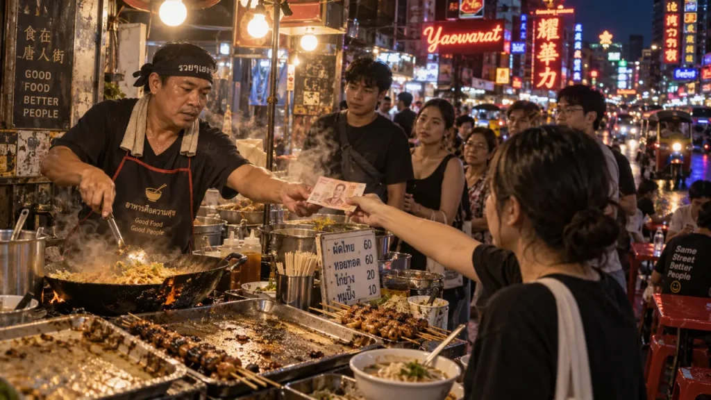 Bangkok street food street à Yaowarat après 17 h, stand fumant et néons