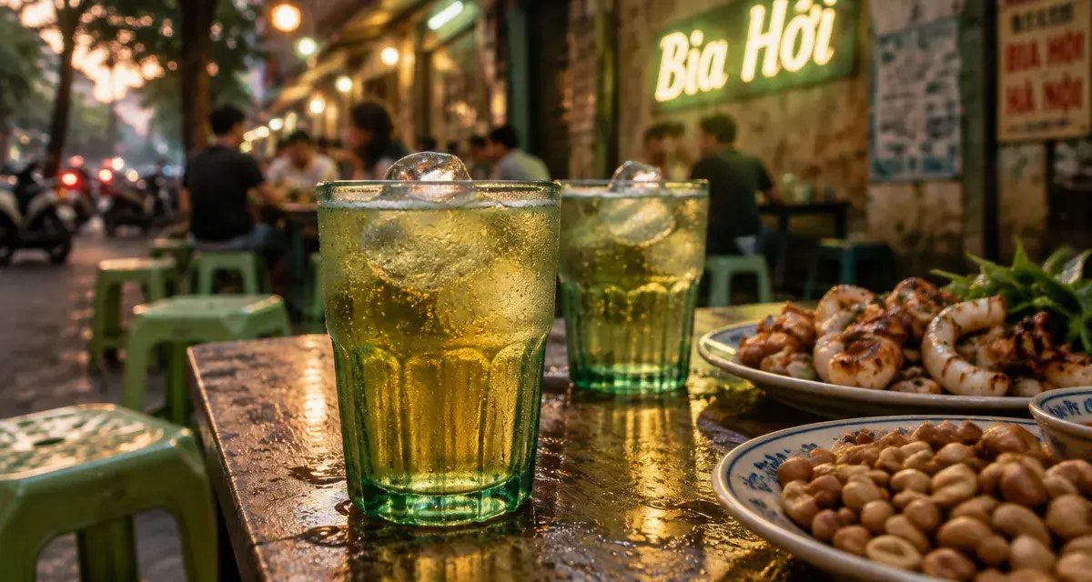 Biere vietnam bia hoi à Hanoi, verres verts et glaçons