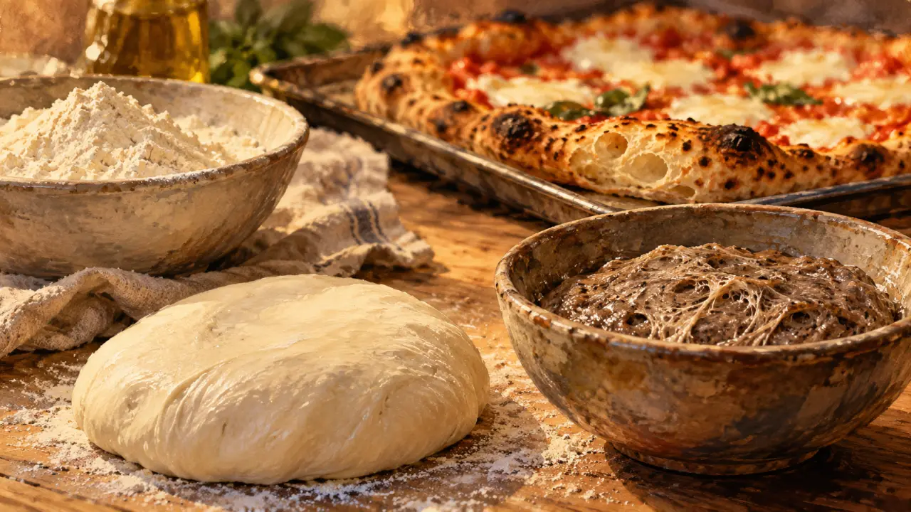 Biga pizza : corniche alvéolée, pâte et bol de biga