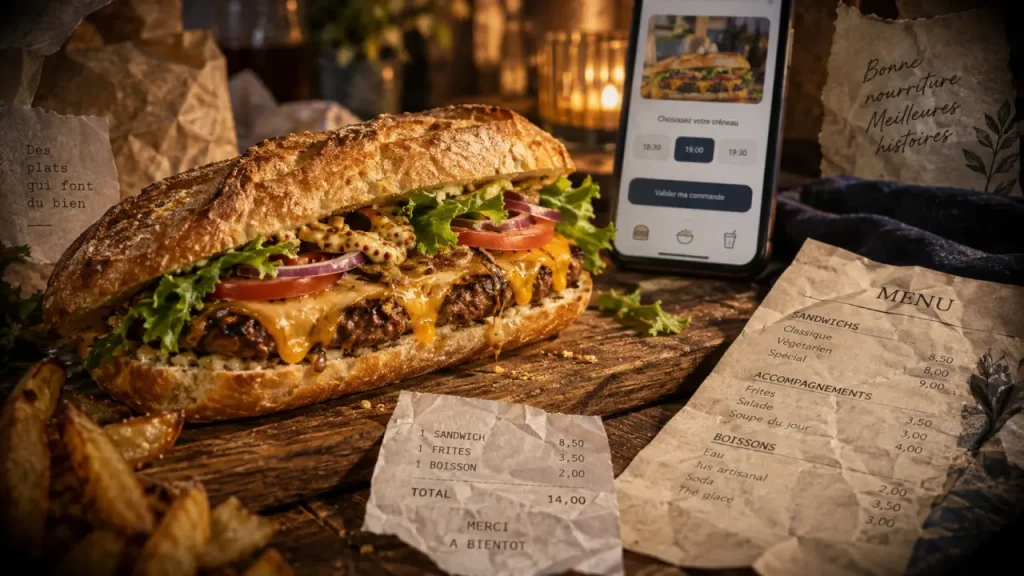 Burger baguette dijon sur planche en bois, crudités et cheddar fondu