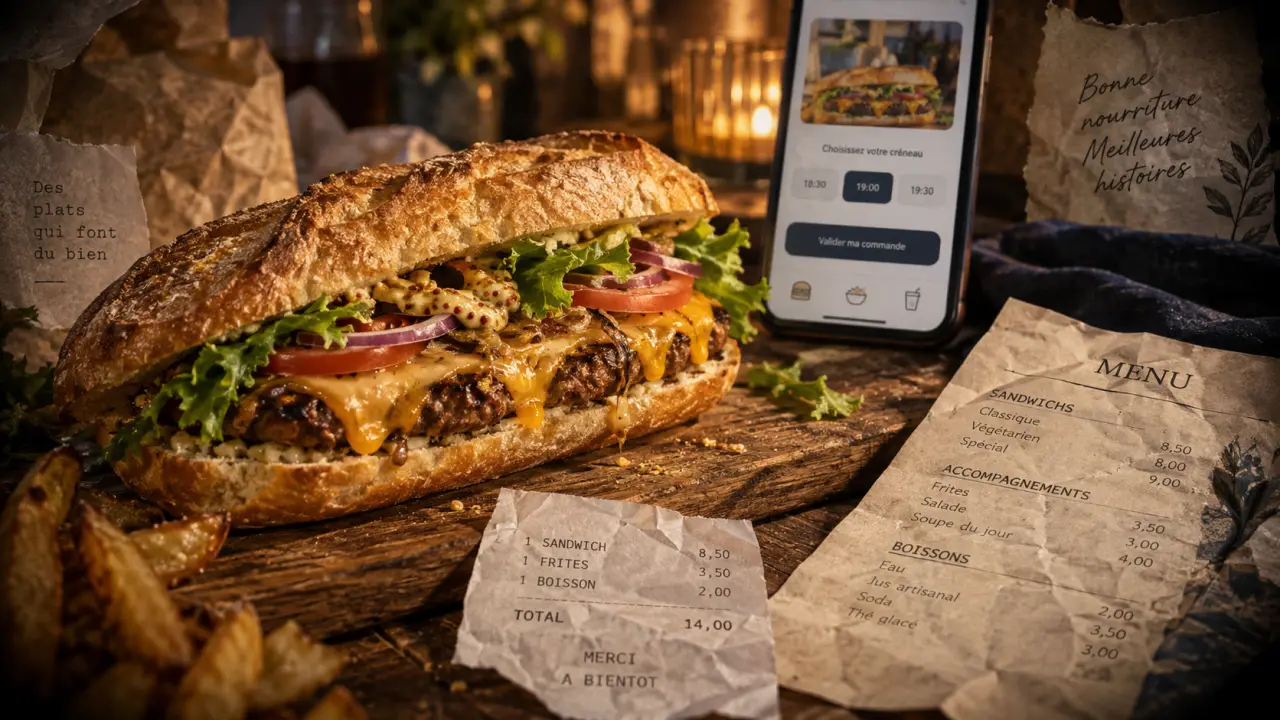 Burger baguette dijon sur planche en bois, crudités et cheddar fondu