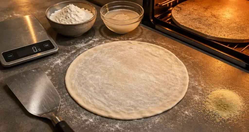 Pâte à pizza fine et croustillante comme en pizzeria, 55% d’hydratation sur pierre chaude