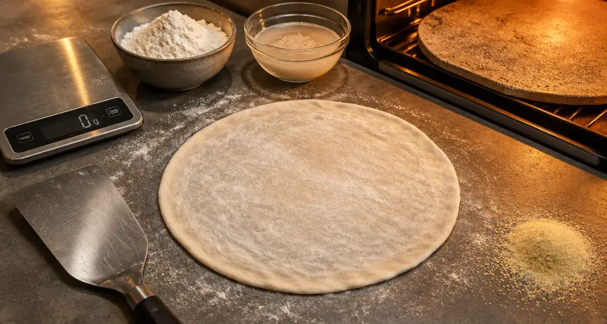 Pâte à pizza fine et croustillante comme en pizzeria, 55% d’hydratation sur pierre chaude