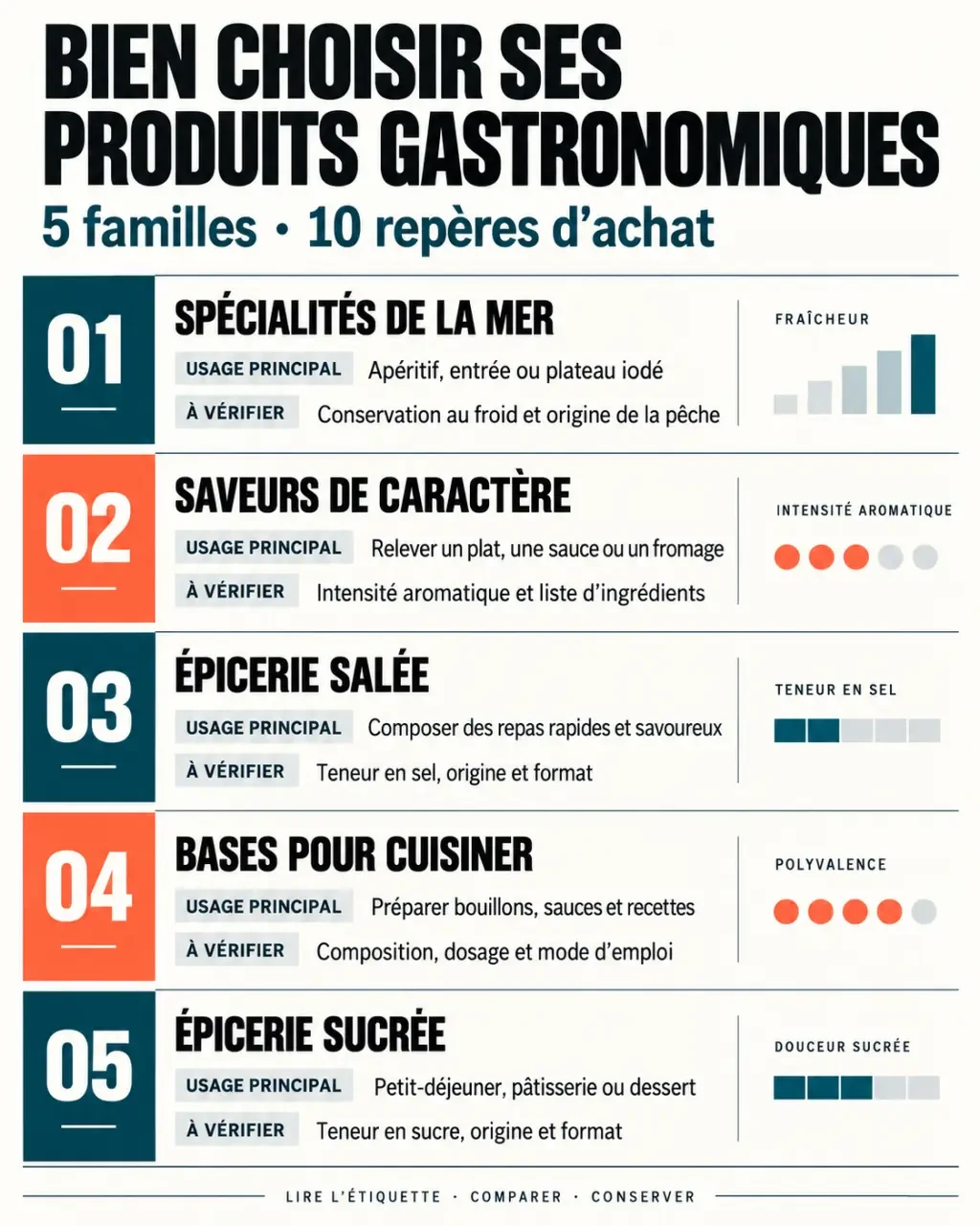 Infographie sur les produits gastronomiques par catégorie, usage et critères de choix