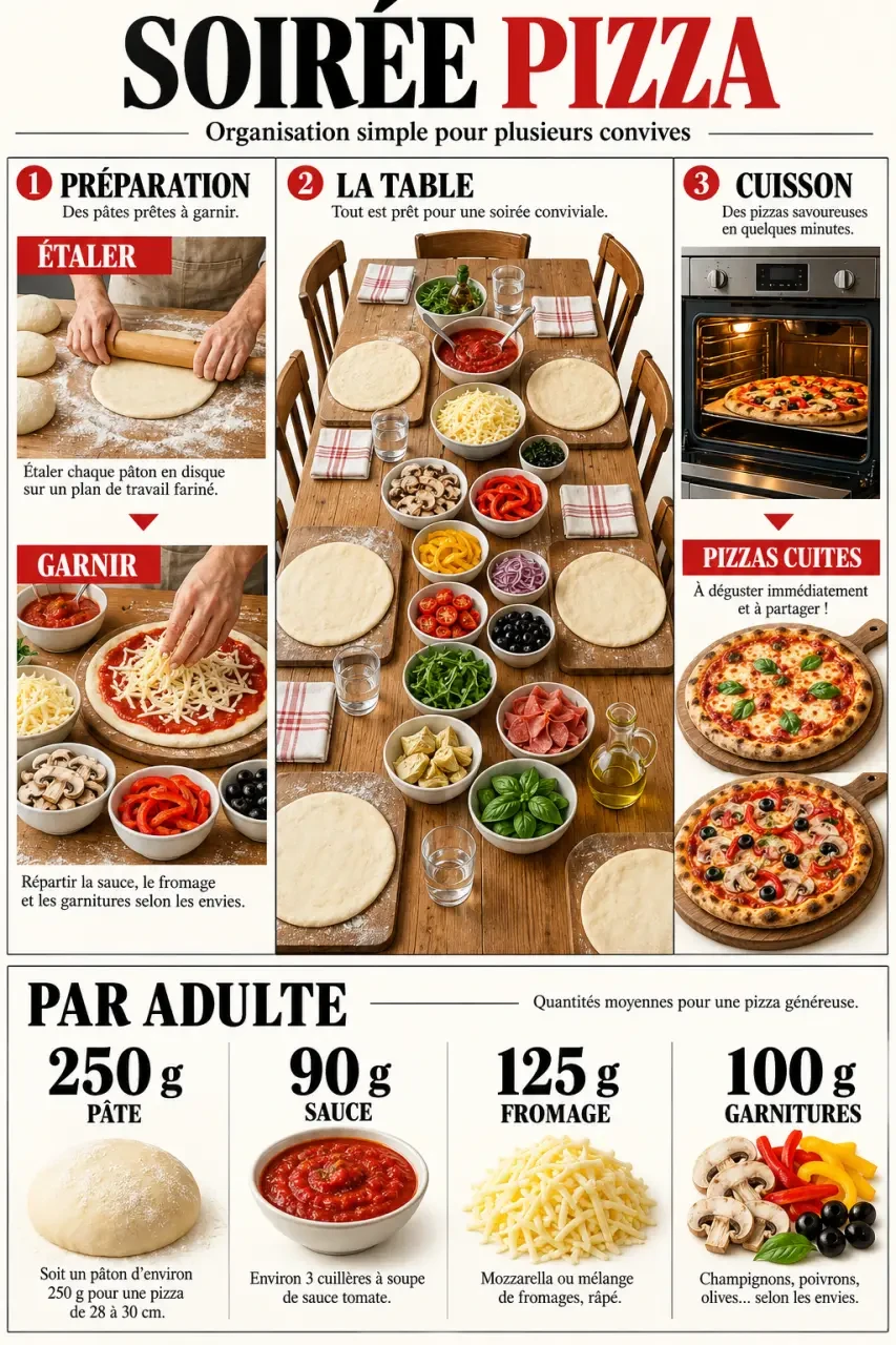 Infographie pour organiser une soirée pizza avec les quantités et les zones de préparation