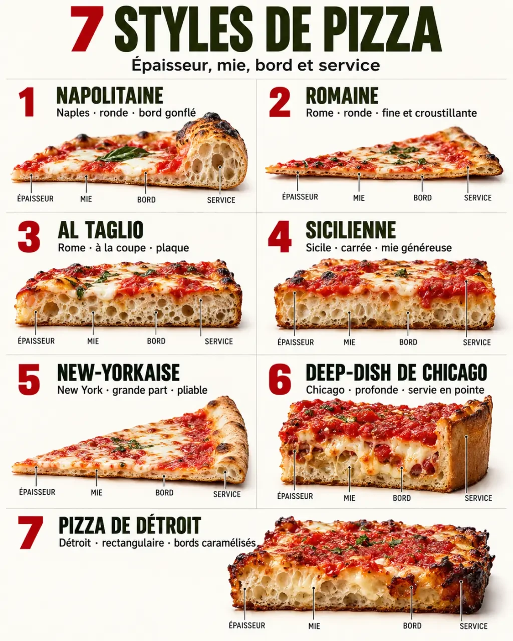 Infographie comparative des principaux types de pizza italienne et américaine selon la pâte, la texture et le format