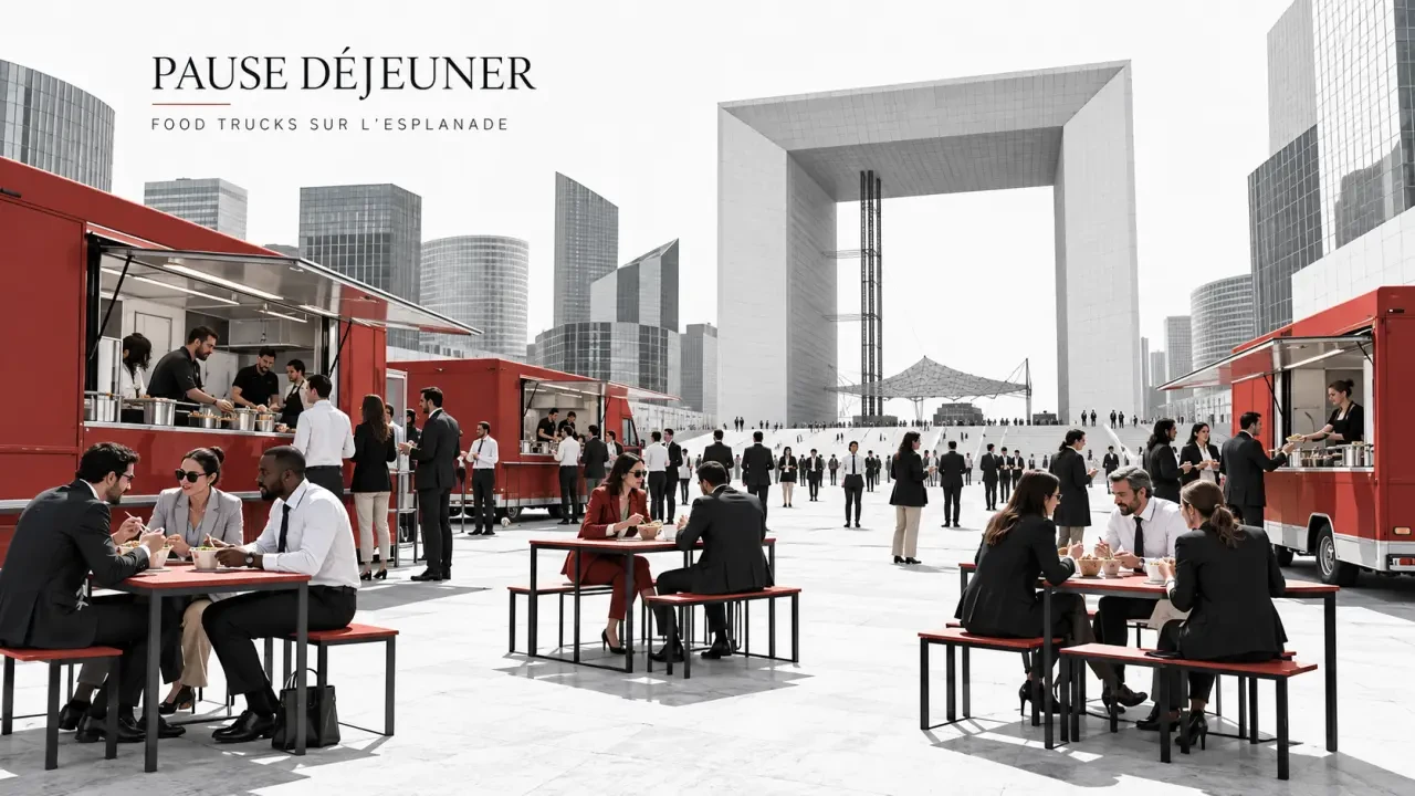 Food truck La Défense avec la Grande Arche en arrière-plan pendant la pause déjeuner