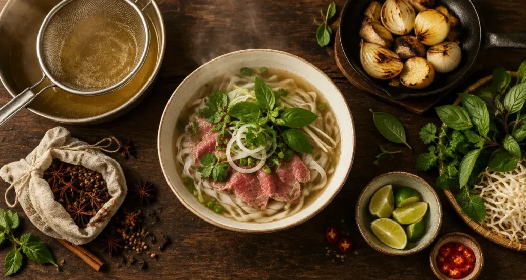 Soupe pho recette traditionnelle : bouillon clair, bœuf, nouilles de riz, herbes