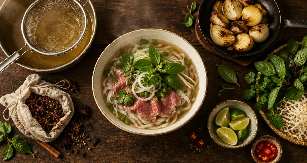 Soupe pho recette traditionnelle : bouillon clair, bœuf, nouilles de riz, herbes